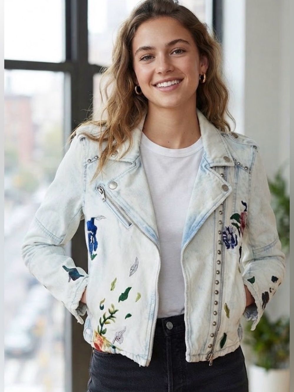 Blank NYC Light Wash Denim Moto Jacket with Floral Embroidery M